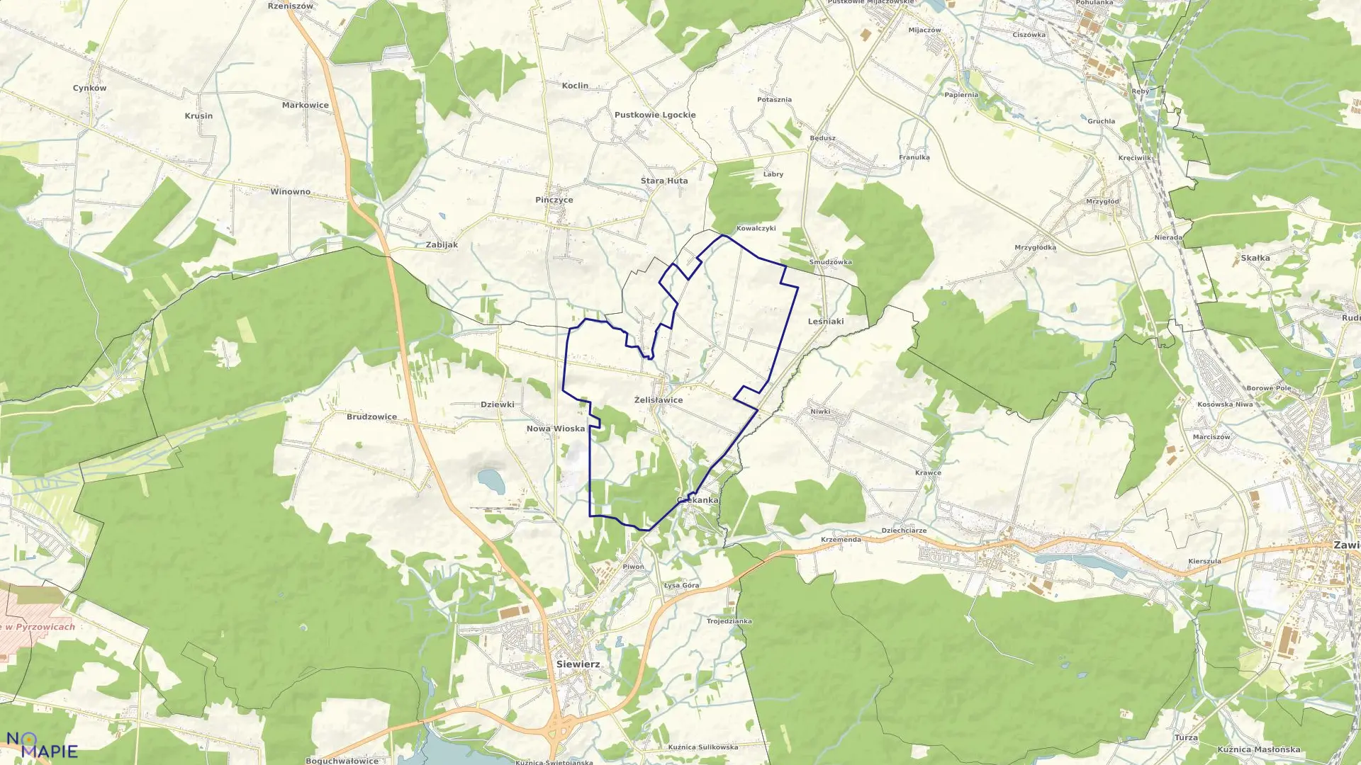 Mapa obrębu Żelisławice w gminie Siewierz